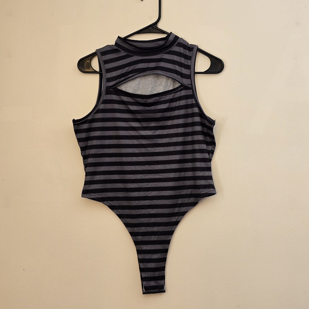 Romwe Women's Large Striped Black and Gray Bodysuit